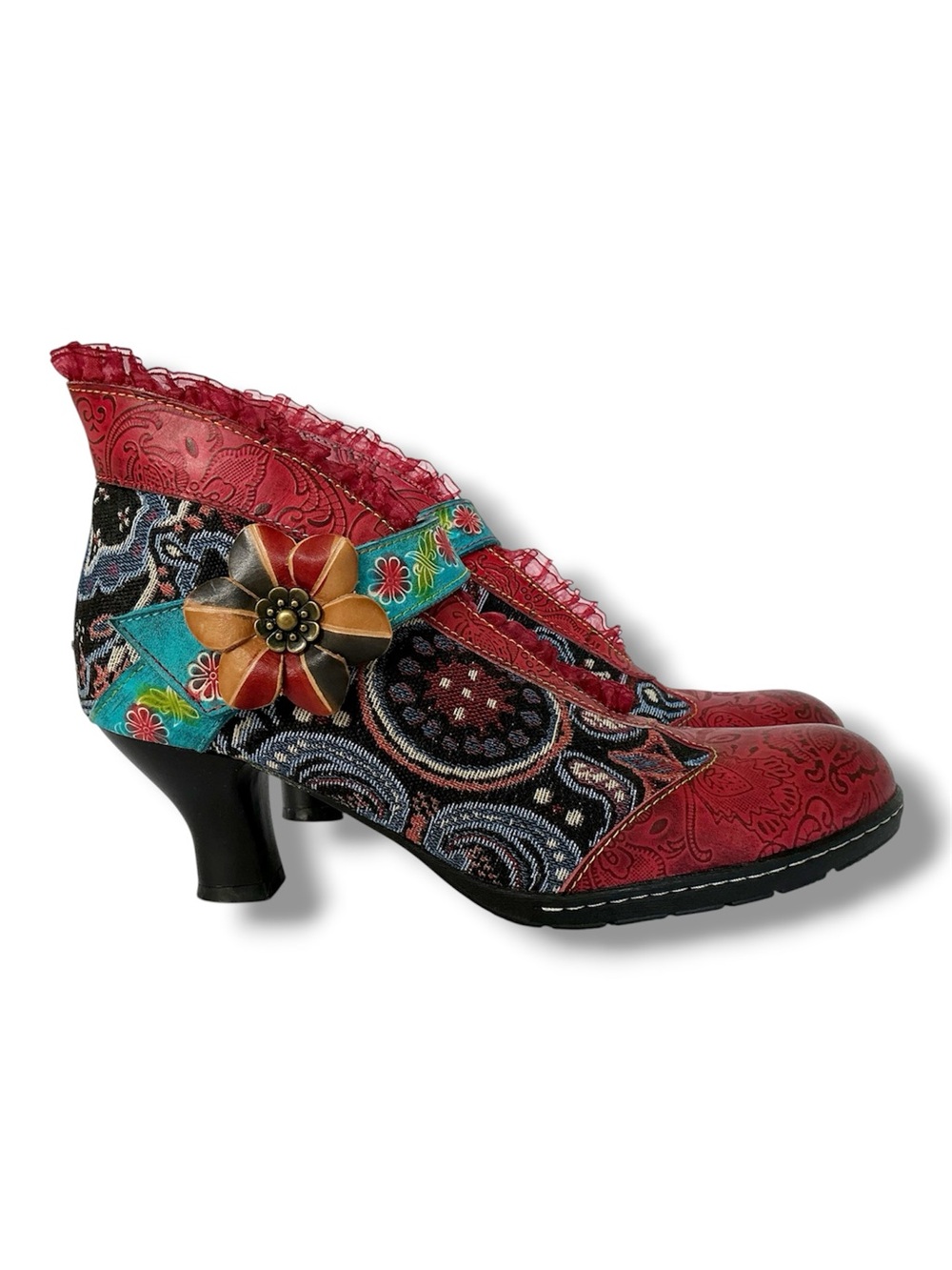 Socofy Floral Leather & Tapestry Ankle Bootie Pumps EU Size 41/US 10